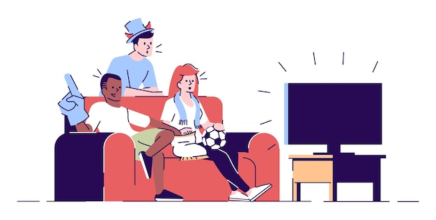 Amigos assistindo jogo na tv ilustração vetorial plana adeptos da equipe de fãs do esporte usando lenço de chapéu de fãs comendo lanches isolados personagens de desenhos animados com elementos de contorno no fundo branco