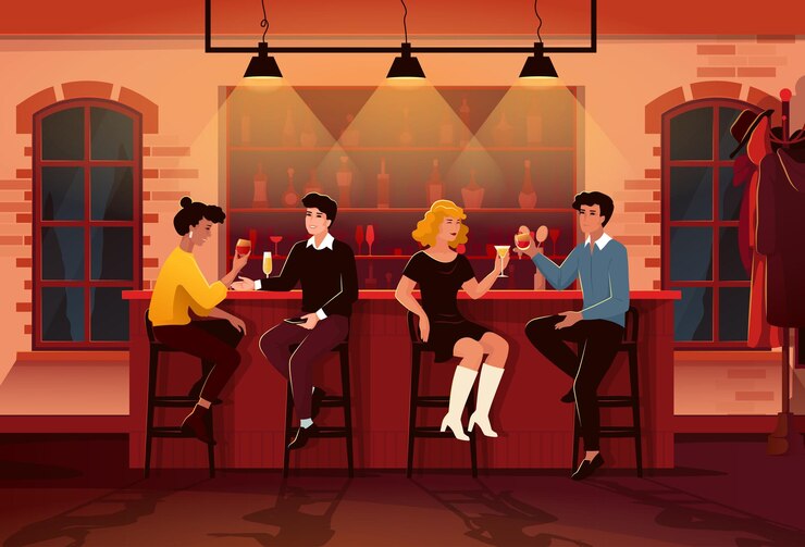 Vetor amigos bebem no bar pessoas se encontram e falam com cerveja atividade de grupo hipster mulher e homem felizes bebendo coquetéis ilustração isolada de estilo plano de desenho animado personagens de pub vetorial