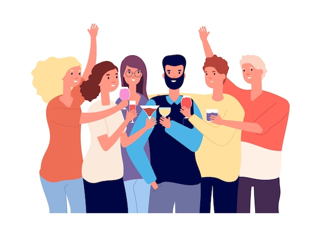 Vetor amigos bebendo. grupo de caras engraçados tilintar copos com bebidas alcoólicas e fazer torradas. conceito plano de celebração.