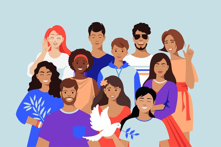 Vetor amigos da equipe multicultural a pomba é um símbolo de paz