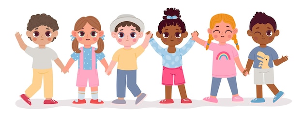 Amigos de criança multicultural do jardim de infância dos desenhos animados de mãos dadas. grupo diversificado de crianças felizes. conceito de vetor de personagens multirraciais de menino e menina. pré-escolares alegres se divertindo juntos