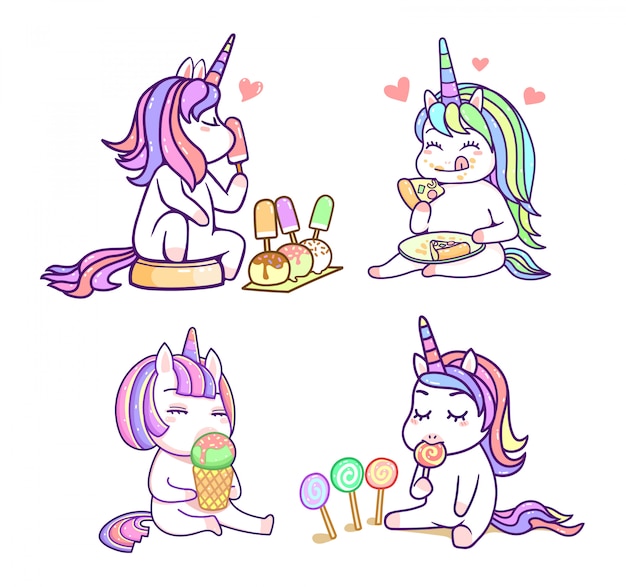 Amigos de unicórnio fofo kawaii com sobremesa doce cor pastel, conjunto feliz dos desenhos animados