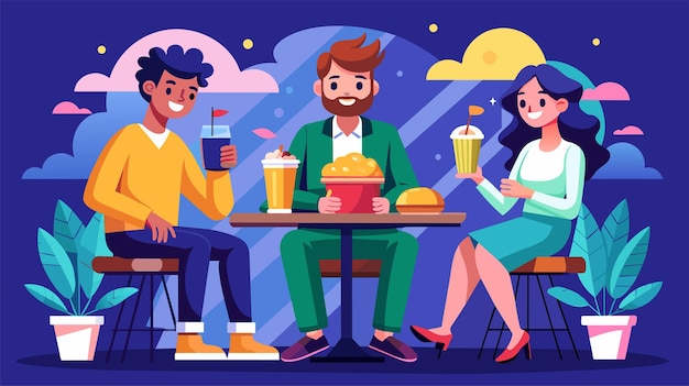 Vetor amigos desfrutando de bebidas e lanches em um café ilustração vetorial