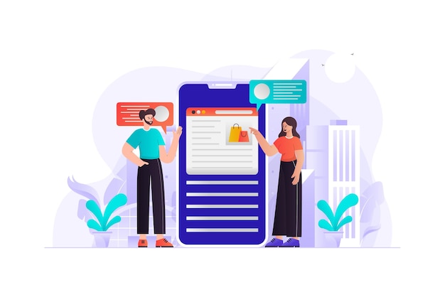 amigos discutindo nova ilustração de aplicativo de compras online
