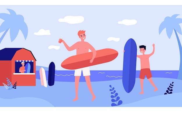 Amigos do sexo masculino com pranchas de surf e bebidas na praia. meninos de shorts, aproveitando a ilustração vetorial plana de férias de verão. esporte radical, conceito de surf para banner, design de site ou página de destino