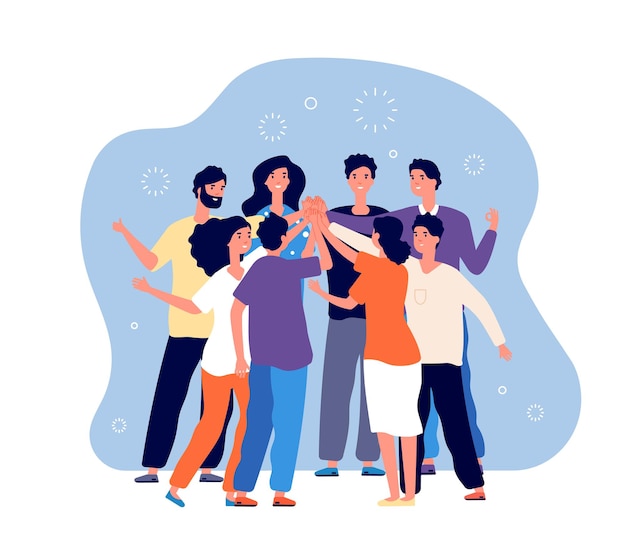 Amigos fazendo mais cinco. Equipe de pessoas grandes fazendo mais cinco juntos, grupo de amigos felizes, saudação informal, conceito de vetor de motivação de comando.