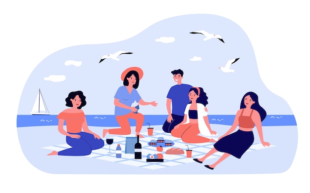 Amigos fazendo piquenique no mar. grupo de pessoas felizes sentadas na praia com alimentos e bebidas na manta. ilustração para lazer, verão, conceitos à beira-mar