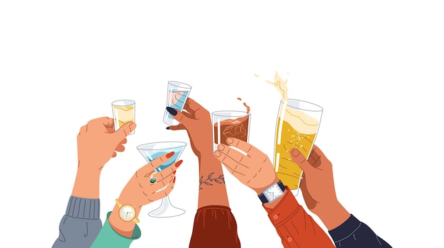 Amigos mãos aplaudindo bebidas alcoólicas ilustração plana