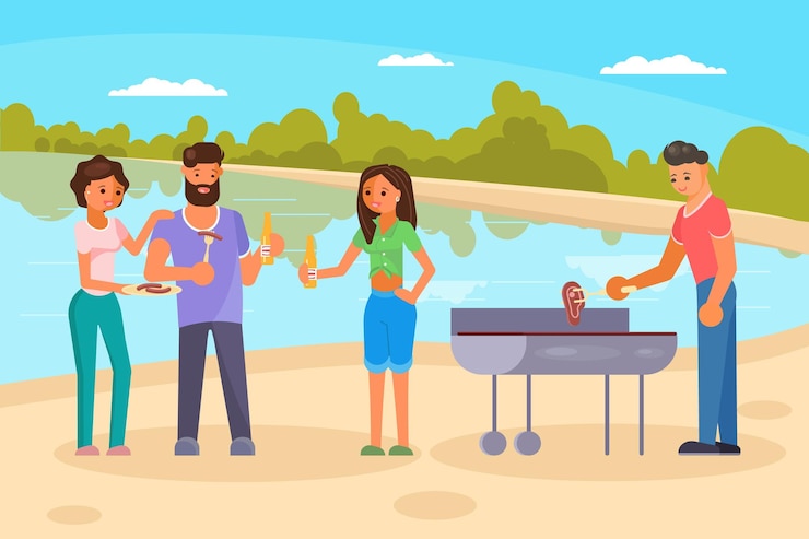 Vetor amigos na ilustração plana de vetor de festa de churrasco
