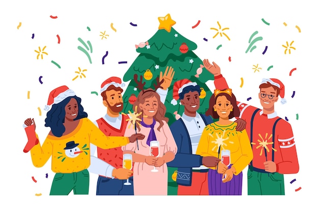 Vetor amigos ou familiares comemorando natal e ano novo