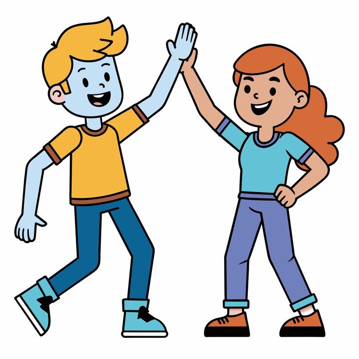 Vetor amigos radiantes de camaradagem enthusiasticamente trocam um high five celebrando seu vínculo e sucesso mútuo com uma exibição contagiosa de júbilo pessoas de desenho animado ilustração vetorial