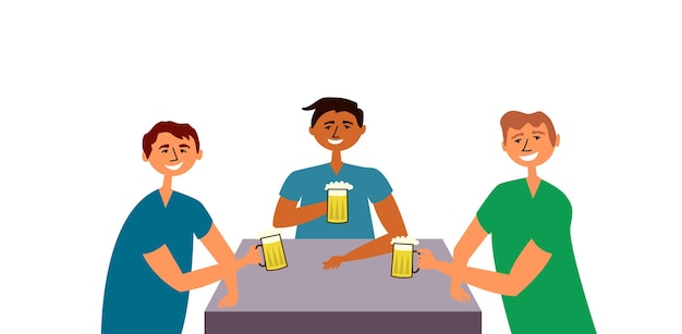 Vetor amigos rapazes bebem cerveja pessoas reunidas mesa comum bebendo se divertindo festa amigável brinde