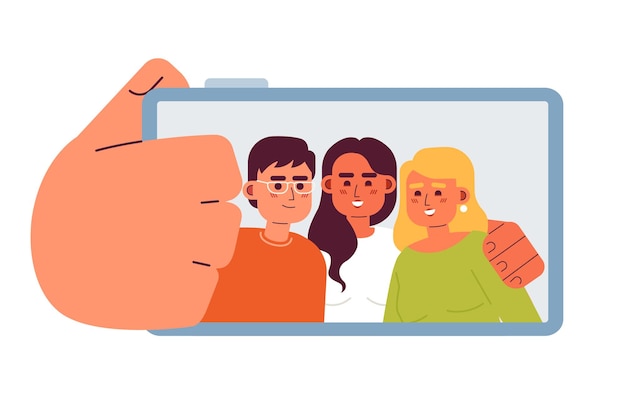 Vetor amigos selfie personagens vetoriais de cor semi plana tirando foto no smartphone momento especial com companheiros editáveis pessoas de corpo inteiro em branco ilustração simples de desenho animado para design gráfico da web