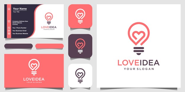 amo a idéia com lâmpada bulbo e coração logotipo e cartão de visita.