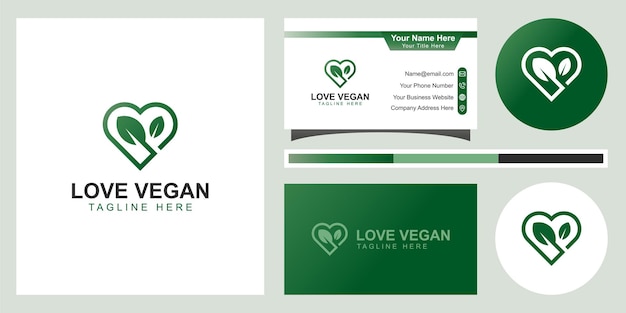 Amo comida vegana deixa logotipo simples. folha natural cuidados orgânicos com ícone de coração símbolo de design de vetor para beleza, natureza, saúde, cuidados com a pele