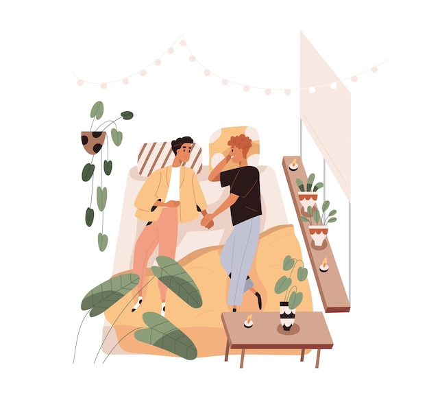 Amo o casal gay deitado na cama em casa. homens homossexuais românticos relaxando no quarto. amantes de namorados felizes. parceiros lgbt em apartamento aconchegante. ilustração em vetor plana isolada no fundo branco.