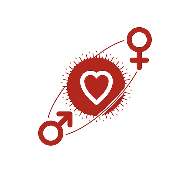 Amo o logotipo conceitual do casal, símbolo de vetor exclusivo. Signos masculino e feminino, Marte e Vênus. Interação entre pessoas amorosas.