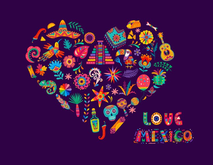 Vetor amo o méxico coração flores mexicanas comida de animais