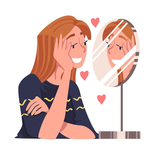 Amor a si mesmo com o personagem feminino admirando-se olhando para o espelho encantado com sua aparência