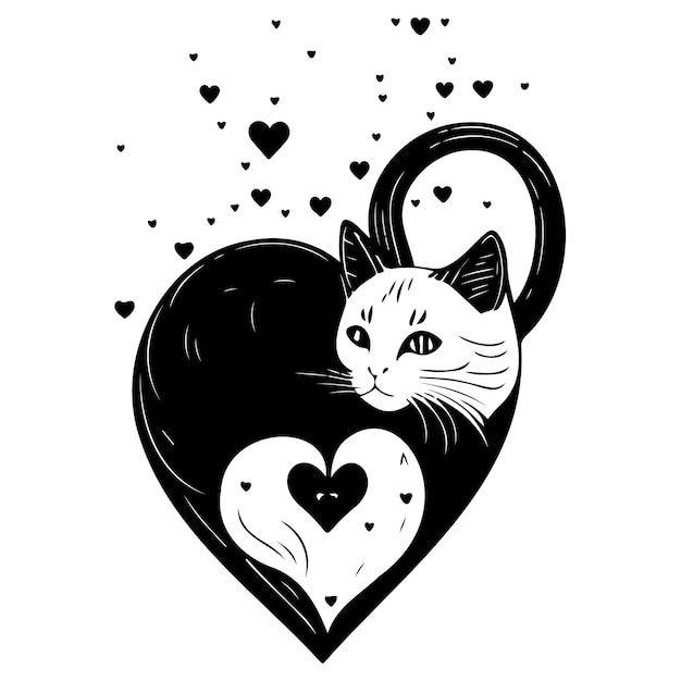 Vetor amor de gato valentine coração ilustração esboço desenho à mão