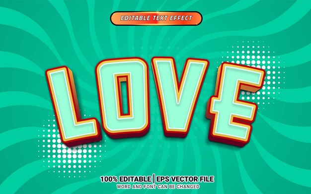 Vetor amor desenho animado verde quadrinho retro design de efeito de texto 3d