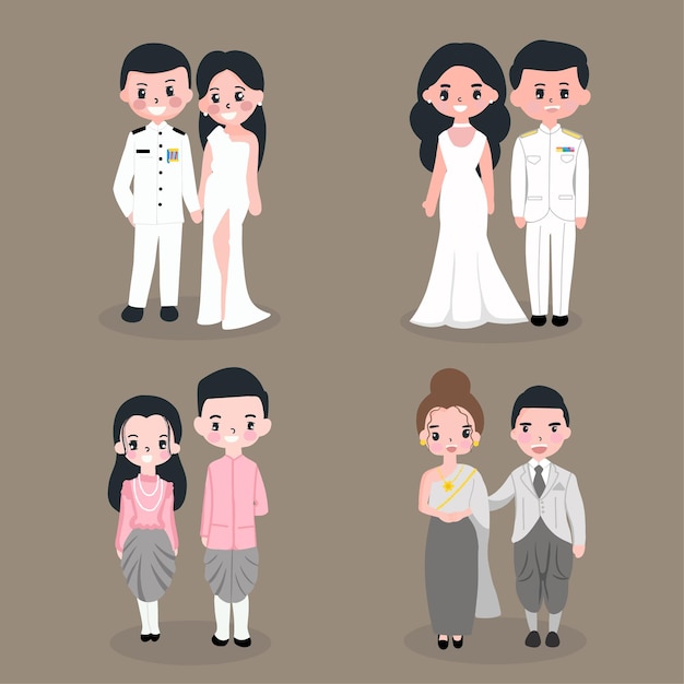 Amor e ilustração vetorial de casamento de casal feliz de homem e mulher asiáticos em vestido tradicionalmente tailandês recém casado para modelo de design de cartão de saudação