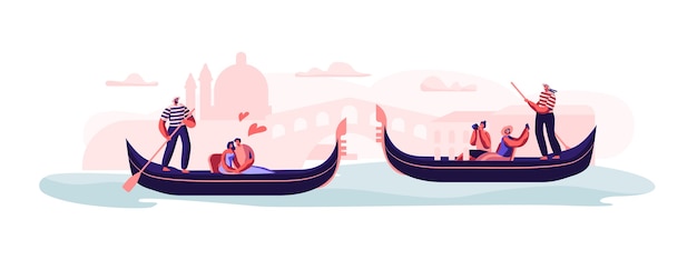 Amor em veneza. casais felizes e amorosos sentados nas gôndolas com gondoleiros flutuando no canal ilustração do conceito