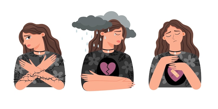 Vetor amor infeliz da menina. mulher de desenho animado com conjunto de emoções tristes, conceito de psicologia de coração partido, ilustração vetorial de mulher decepcionada com transtorno de saúde mental isolado em branco