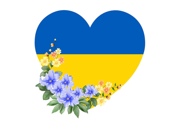 Vetor amor pela ucrânia o emblema do coração nas cores da bandeira nacional e uma coroa de flores azuis pare a guerra ilustração vetorial