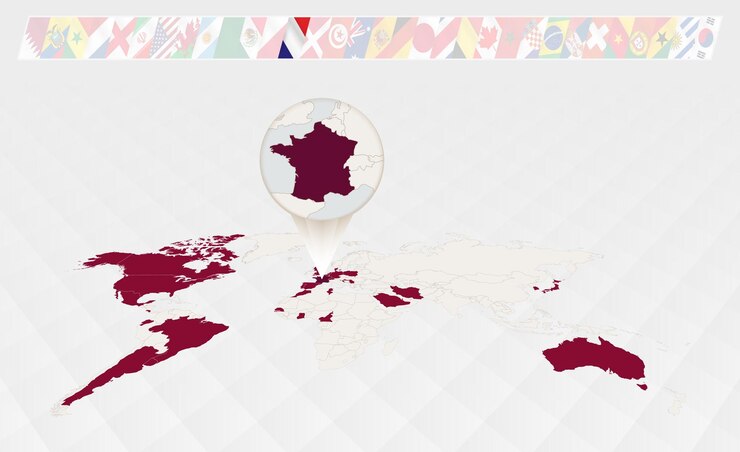 Vetor ampliar o mapa da frança selecionado no mapa-múndi em perspectiva infográficos sobre os participantes do torneio de futebol