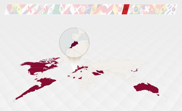 Ampliar o mapa do marrocos selecionado no mapa-múndi em perspectiva infográficos sobre os participantes do torneio de futebol