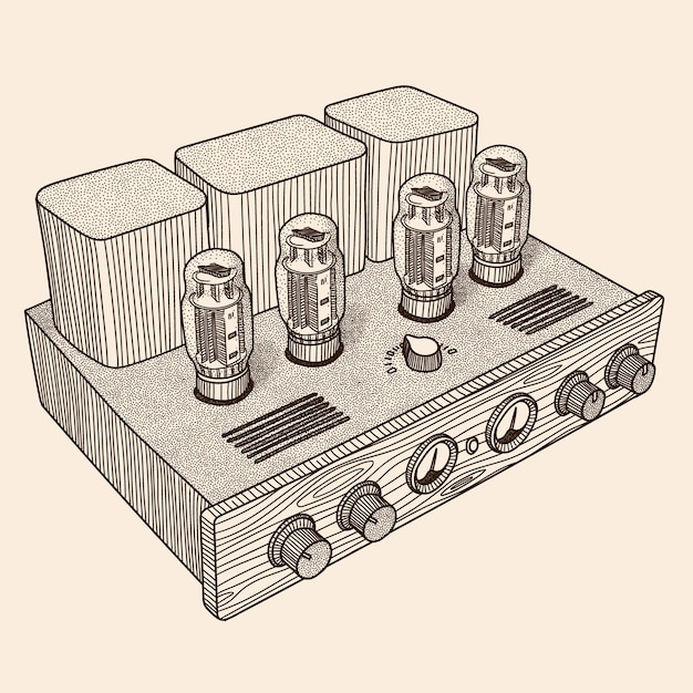 Amplificador de tubo vintage com indicadores para ouvir música dispositivo isolado em fundo bege