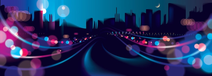 Vetor amplo panorama vida noturna da cidade grande com lâmpadas de rua e luzes desfocadas bokeh. fundo bonito do vetor do efeito. desfocar o fundo escuro colorido com paisagem urbana, skyline de silhuetas de edifícios.