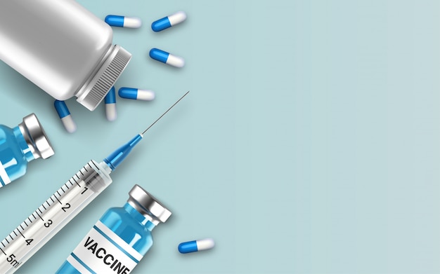 Ampolas de vidro realistas, frasco para comprimidos e seringa. Injeção de vacina Coronavírus, novo coronavírus. Formação médica.