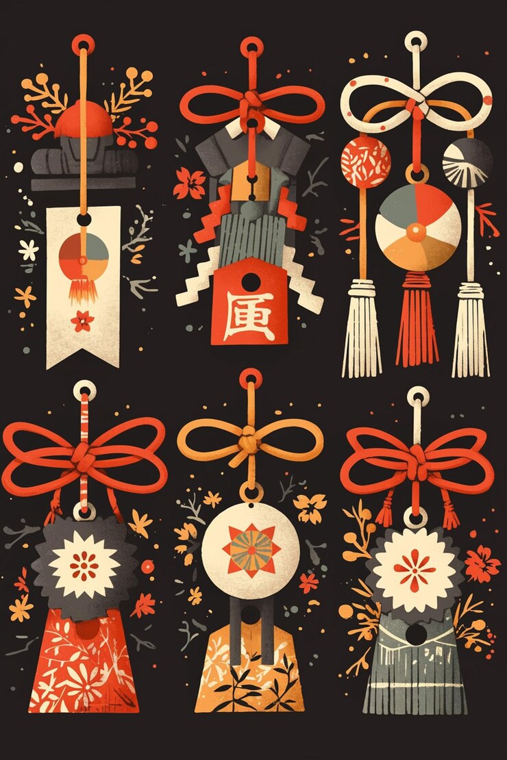 Vetor amuletos japoneses com símbolos protetores