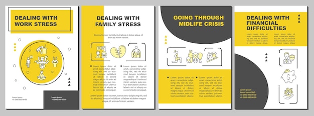 Analisando o modelo de folheto de crise de meia-idade. lidar com o stress. folheto, folheto, impressão de folheto, design da capa com ícones lineares. layouts de vetor para apresentação, relatórios anuais, páginas de anúncios