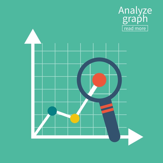 Vetor analisar gráfico relatório de crescimento lupa mostrando estatísticas de gráfico de barras crescentes conceito de negócio ilustração vetorial design plano isolado no fundo branco análise de diagrama de pesquisa auditxa