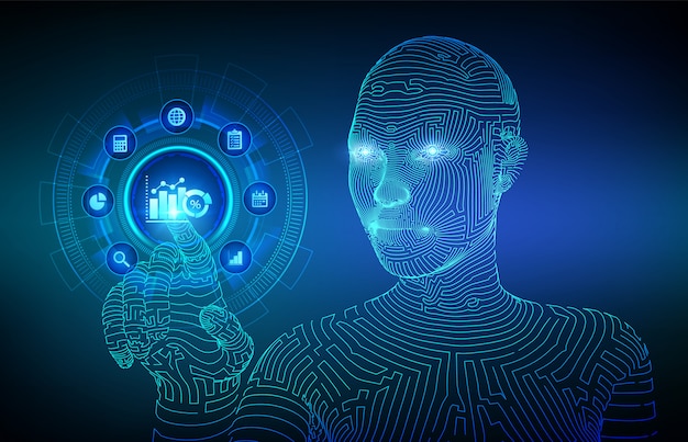 Vetor análise de dados de negócios e conceito de automação de processos robóticos na tela virtual. mão de ciborgue wireframed tocando a interface digital.