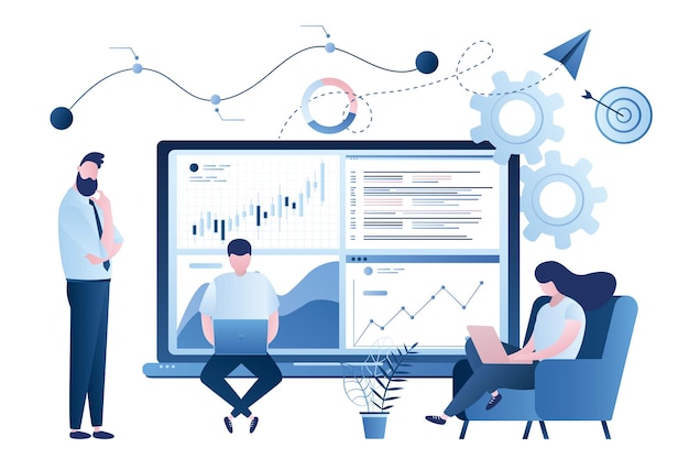 Análise de dados do mercado de ações Equipa de analistas estatísticos ou empresários que analisam informações