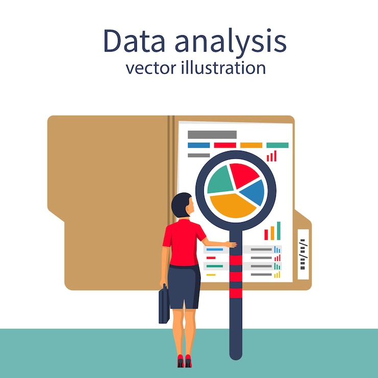 Vetor análise de dados. empresária está estudando dados estatísticos com gráficos, diagramas. documentos para estatísticas financeiras, relatórios, desenvolvimento de estratégia. design plano de ilustração vetorial.