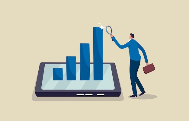 Vetor análise de negócios móveis e serviços on-line estatísticos indicador chave de desempenho para avaliar o sucesso analista de empresário segurando lupa analisa gráfico e gráfico no smartphone