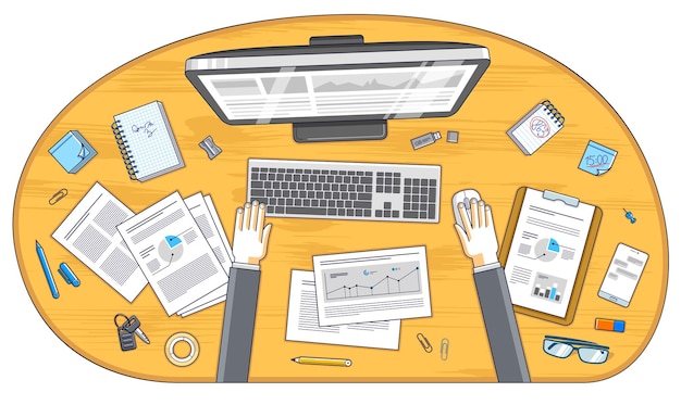 Análise de negócios, trabalhador de escritório ou empresário empreendedor trabalhando em um computador PC e papéis com análises financeiras, vista superior da mesa de trabalho com artigos de papelaria e documentos e mãos. Vetor.