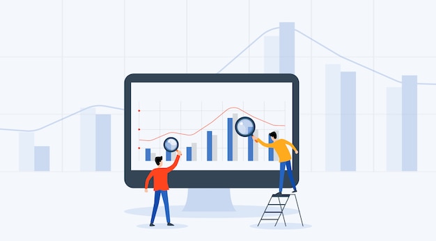 Análise de pessoas de negócios e monitoramento gráfico de relatório de investimento e finanças