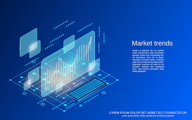 Análise de tendências de mercado ilustração plana do conceito de vetor isométrico 3d