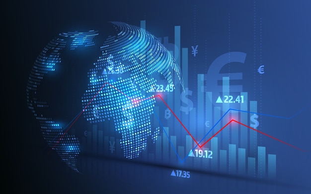 Análise do mercado de ações e negociação de ações, símbolos de moeda, gráficos de negócios e transferências globais de dinheiro