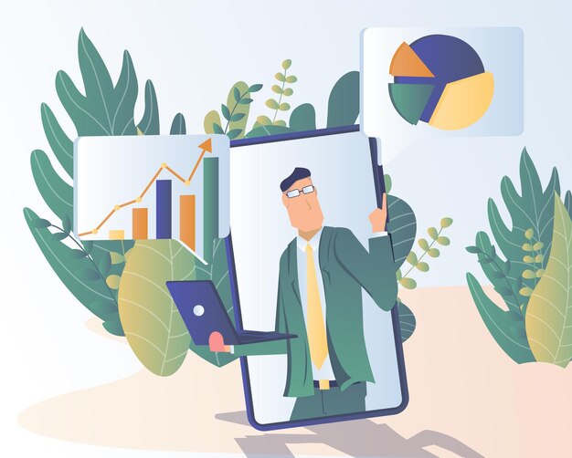Análise financeira O empresário realiza análises financeiras em seu laptop