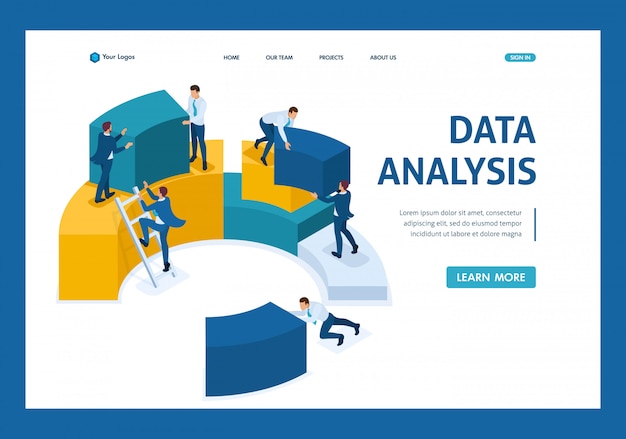 Análise isométrica de dados, coleta de dados para análise, funcionários trabalham landing page