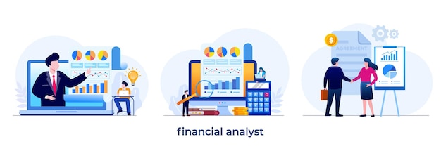 Analista financeiro relatório de dados de finanças corporativas auditor empresa receita empresário ilustração plana vetor