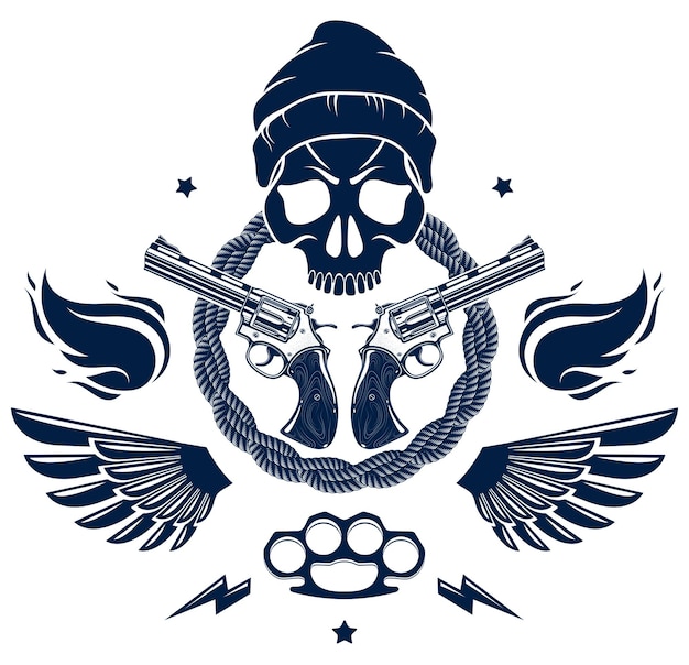 Anarquia e caos agressivo emblema ou logotipo com crânio perverso, armas e diferentes elementos de design, vetor vintage scull tatuagem, rebelde gangster criminoso e revolucionário.