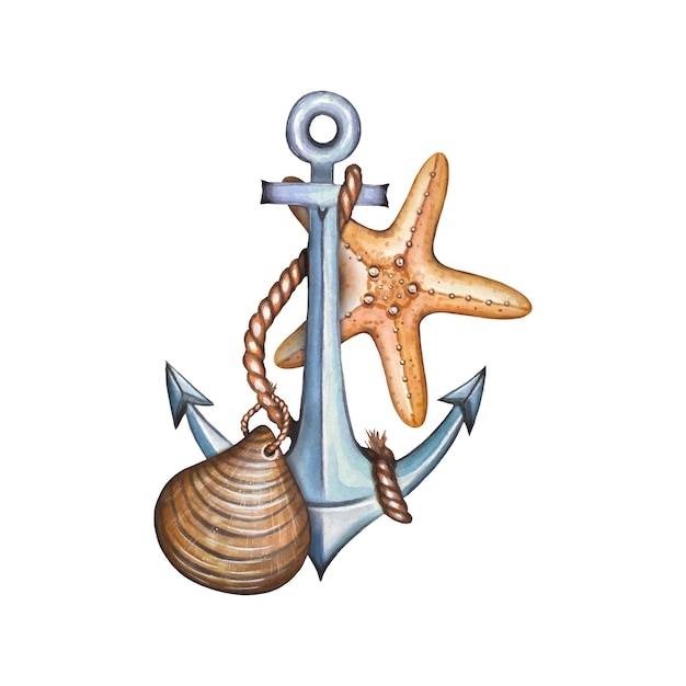 Vetor Âncora de navio de metal com estrela do mar e concha ilustração aquarela náutica